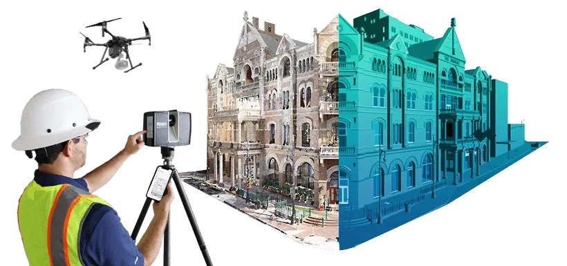 Engineer operating a 3D laser scanner, with a drone overhead, turning a historic building into a point cloud and then a 3D model